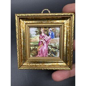 Vintage Miniature Gold Framed Pictures Victorian Courting Couple 2.75x2.75” Doll